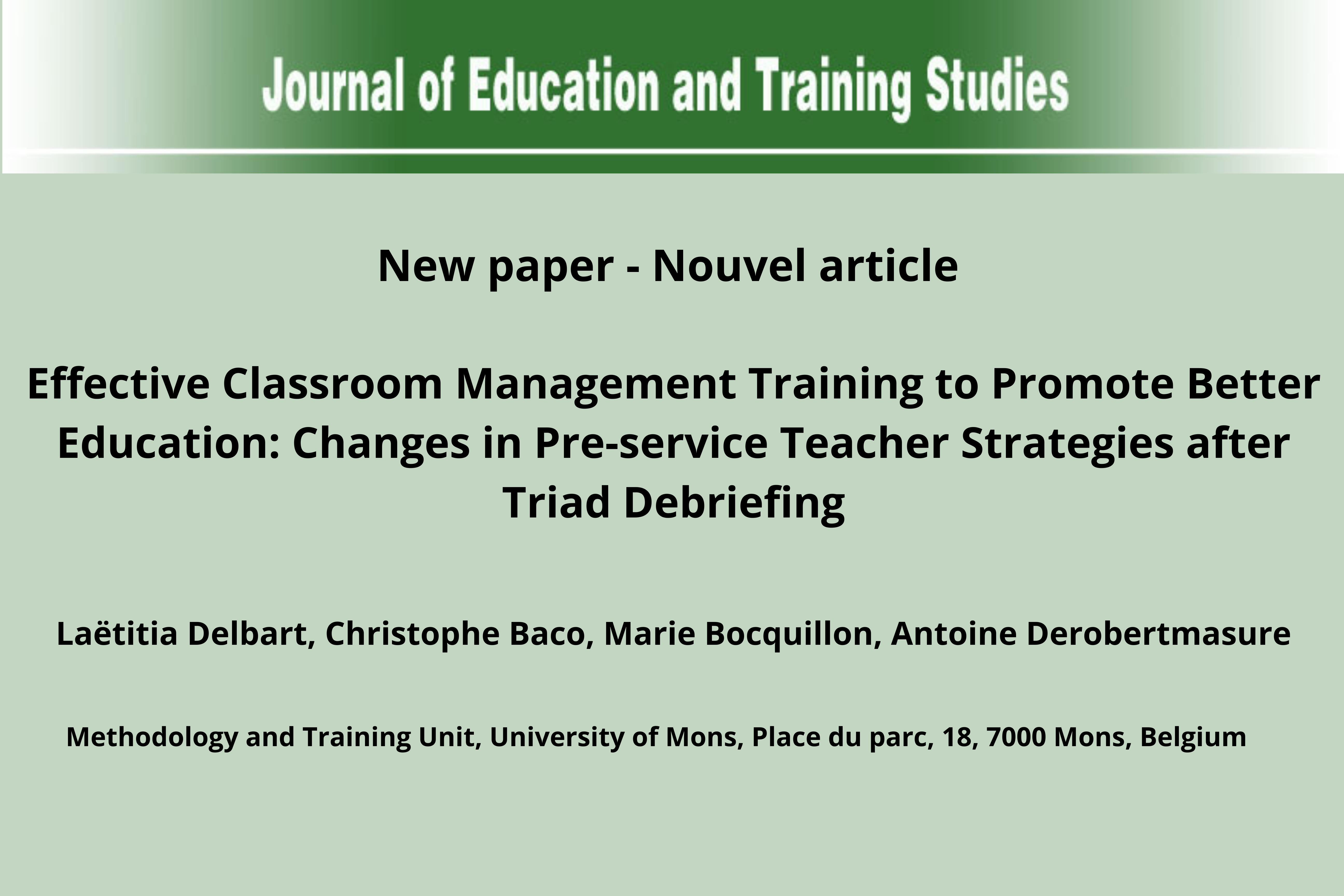 Nouvelle publication : Effective Classroom Management Training to Promote Better Education